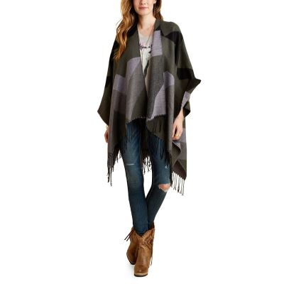 Szaliki I Chusty Damskie Ariat Printed Fringe Poncho Czarne | PL-075036